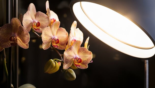 Phalaenopsis Anthura Narbonne, Moth Orchid Narborre Noir blooming under lamp in winter