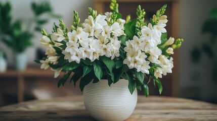 White flowers in vase on wooden table, home decor, blurred plants background