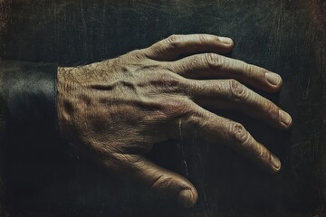 A weathered hand rests against a dark textured surface