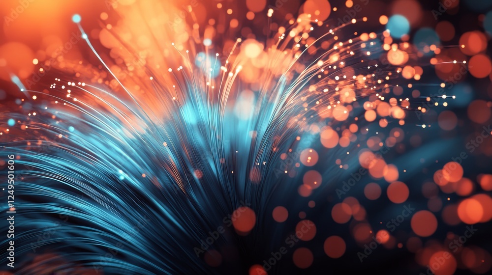 Poster abstract background, blue and teal lines radiating, exploding into orange circular bokeh