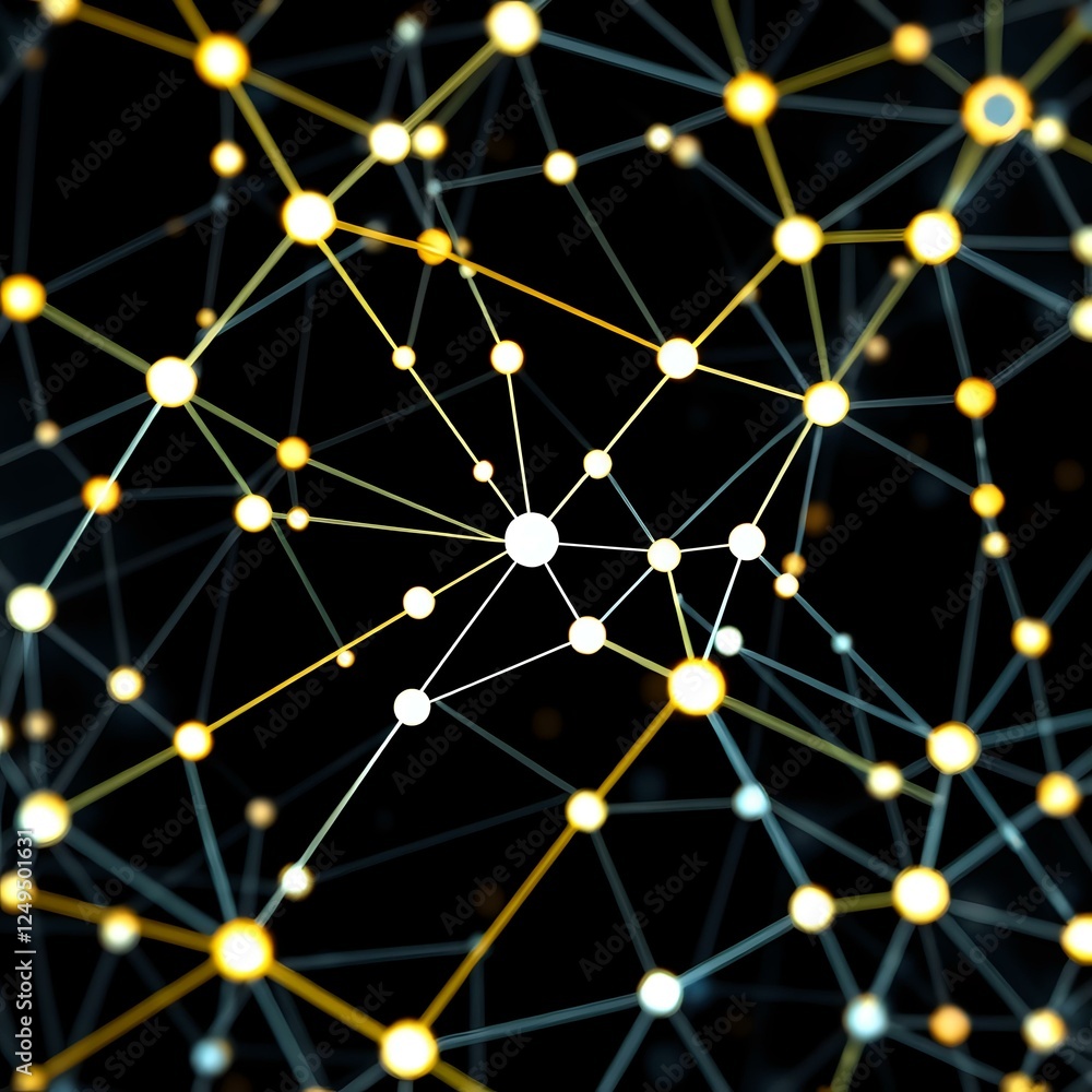 Poster abstract neural network pattern with interconnected nodes in gold on black background
