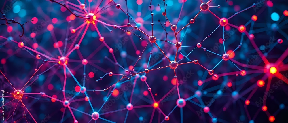 Poster neural network abstract art - interconnected blue and red dots with cyberpunk aesthetic