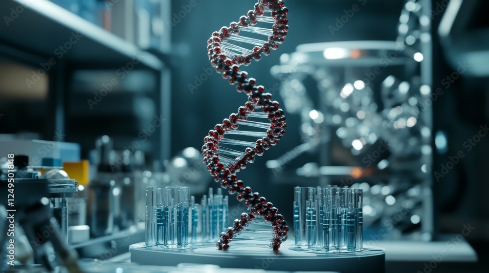 Poster creating a detailed dna model in a modern laboratory visualizing genetic complexity in a professiona