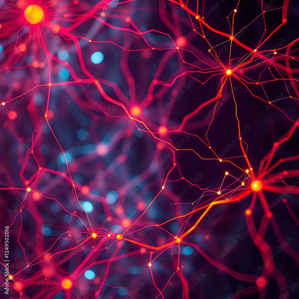 Poster vibrant neural network flythrough: interconnected synapses in dark purple background