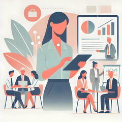 A simple flat vector of a businesswoman holding a tablet during a sales meeting, created with a few soft colors on a white background to emphasize modern professionalism.