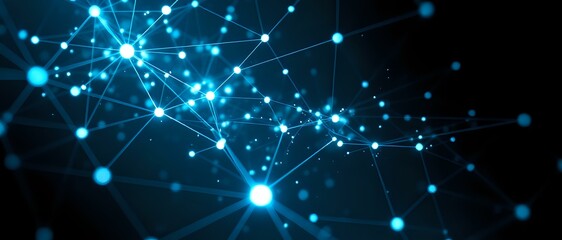 Abstract Futuristic Cyberpunk Art: Complex Network of Glowing Blue Lines on Black Background