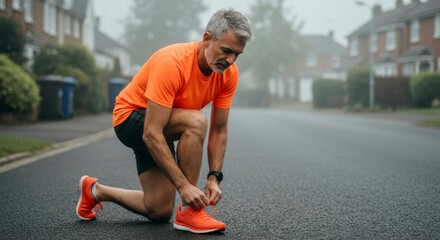 Man in orange sportswear tying shoelaces on a quiet, foggy street with houses in the background