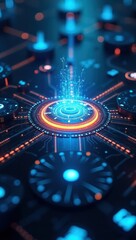 Interconnected network nodes illustration showcasing a futuristic arrangement of servers and computers with glowing elements