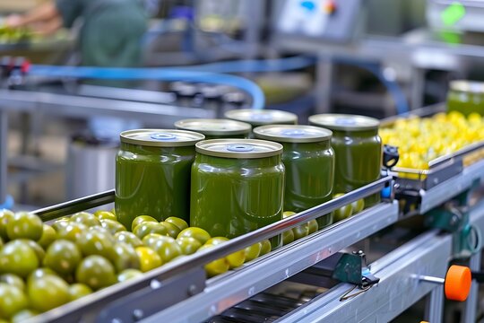 An automated canning line in a vegetable processing factory, sealing cans with precision.