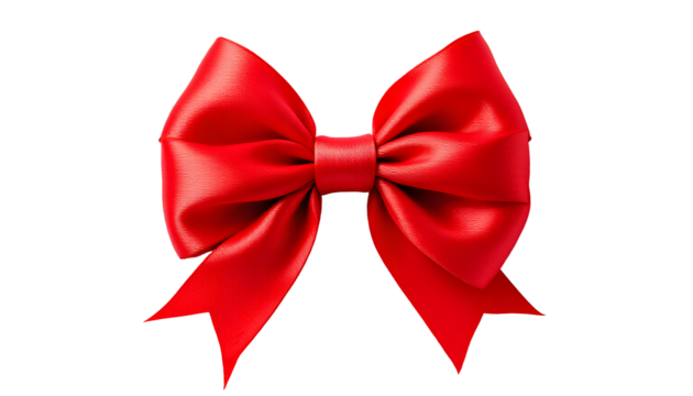 Red satin ribbon bow on isolated white, transparent background, PNG. Perfect for adding a touch of elegance to gift wrapping, crafting, or holiday decorations. Vibrant and luxurious.