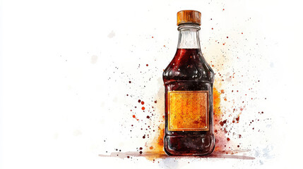 Illustration of a dark brown bottle with a golden label, against a white background with watercolor style splashes of orange and brown.