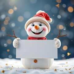 Cheerful snowman in Santa hat holding blank sign for Christmas marketing campaigns with copy space for text on snowy background with bokeh lights for festive holiday advertising and branding
