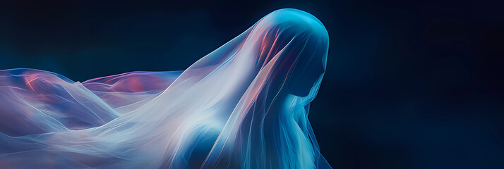  A dreamy and mysterious digital painting of a faceless figure draped in a sheer glowing veil, set against a dark and atmospheric backdrop.