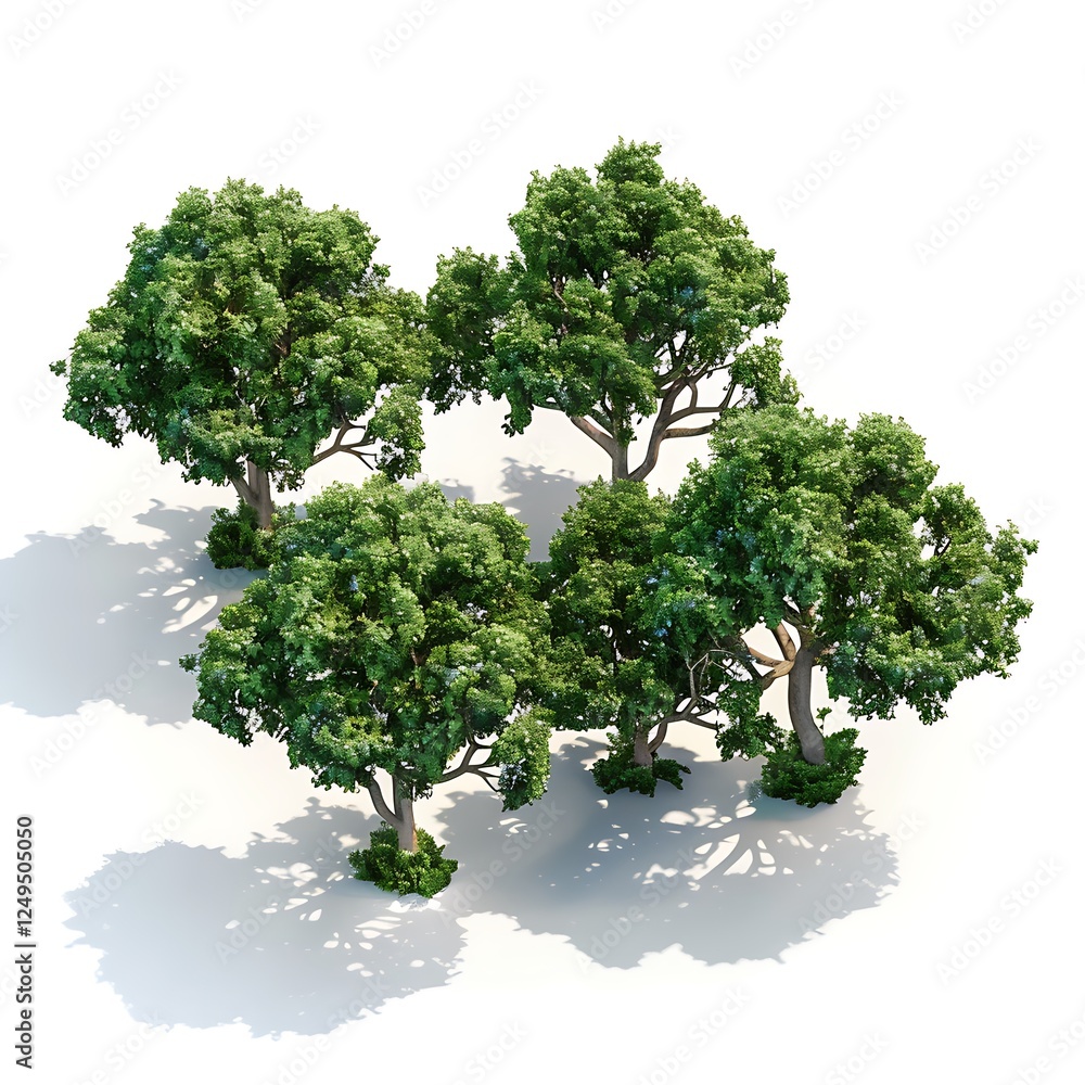 Poster cluster of trees: five majestic trees stand in a cluster, their leafy branches reaching towards the 