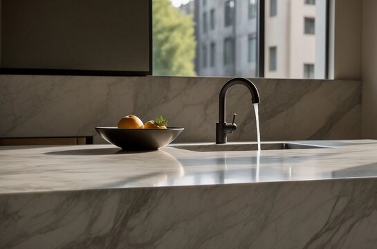 modern elegant marble kitchen countertop with modern sink and fruit bowl