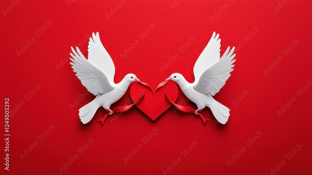 Poster white doves with heart shape and red ribbon on red background