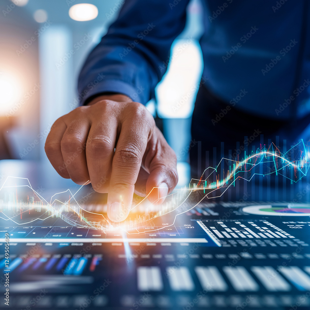 Poster a close-up of a skilled professional analyzing business data with a digital pen, using futuristic te