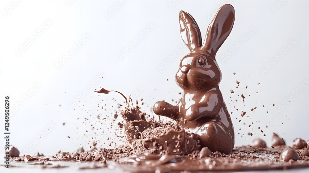 Poster Chocolate bunny figure surrounded by splashing liquid and bits of solid chocolate on a white surface.