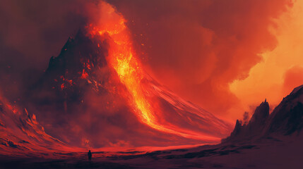 Erupting volcano with flowing lava and lone figure in fiery landscape