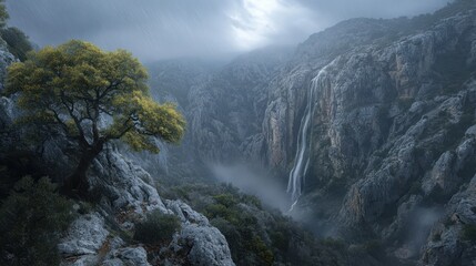 Steep rocky cliffs covered in mist and autumn foliage in light rain