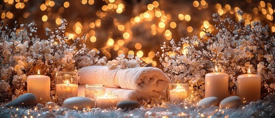 A serene spa setting with candles, towels, and decorative elements for relaxation.