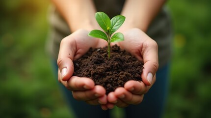Close-up of hands holding soil with a small tree