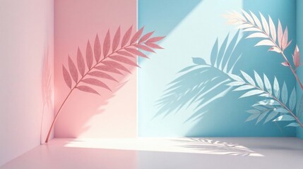 Pastel Room with Elegant Foliage and Sunlit Shadows A Minimalist Design Concept