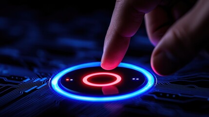 A finger activating a glowing, futuristic touch button in a dark environment.
