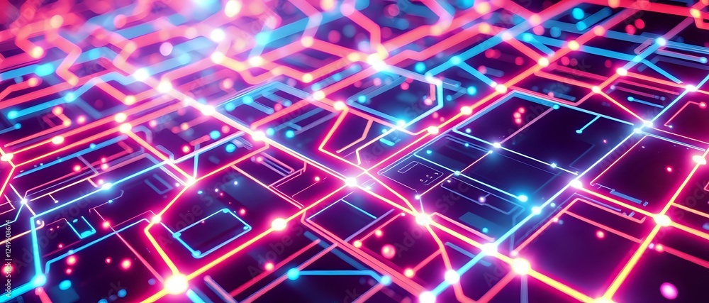 Poster futuristic abstract circuitry design with glowing neon grid patterns | modern futuristic artwork