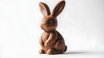 A sweet Easter treat: A delightful chocolate bunny sits against a bright white background, ready to be enjoyed.