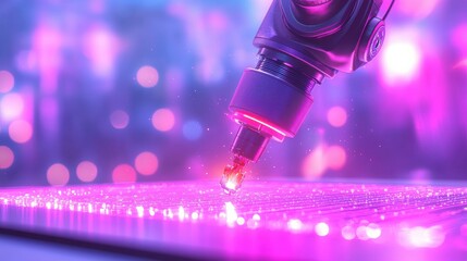 Close up view of futuristic robotic arm with glowing pink light and effects on a digital surface, vibrant colors and bokeh