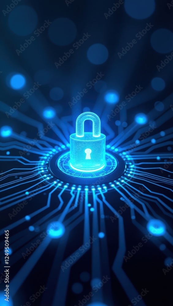 Poster abstract representation of cryptography and data protection showcasing a glowing padlock amidst a di