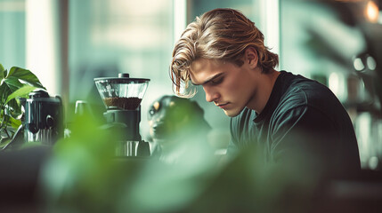 Young Man in Cafe with Coffee Grinder and Green Plants: Focused and Contemplative Moment in Modern Setting