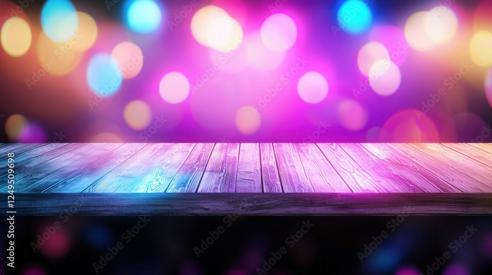 Poster colorful bokeh background with wooden table surface for display