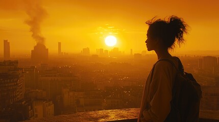 Fototapeta premium Silhouette of Woman Overlooking Cityscape at Sunset with Orange Sky and Smoke in Distance