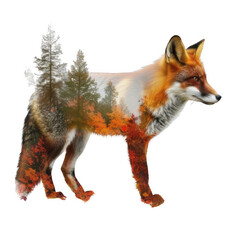 Fototapeta premium Artistic 2D rendering of a fox, its body filled with a vibrant autumn forest with fallen leaves and foggy trails.