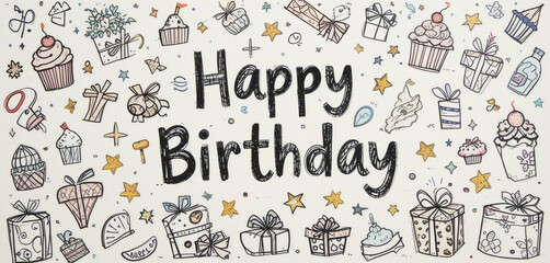 Happy Birthday Doodle Art Design with Colorful Illustrations, Fun Balloons, and Playful Decorations
