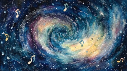 Abstract cosmic spiral galaxy with musical notes, showcasing watercolor style and a mixture of colors. Spaced background. Vivid tones.