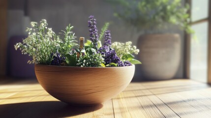 Floral Arrangement In A Beige Bowl On A Wooden Table