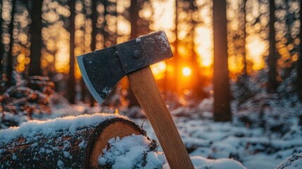 Winter Axe Resting on Snow-Covered Log at Sunset in Forest