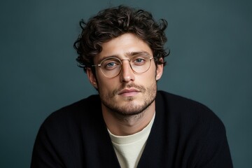 Fototapeta premium Portrait of a Thoughtful Man with Glasses Against Dark Background