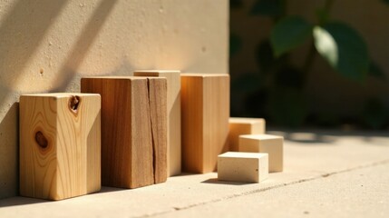 Wooden Blocks Arranged in an Abstract Formation Against a Light-Colored Wall Outdoors in Sunlight