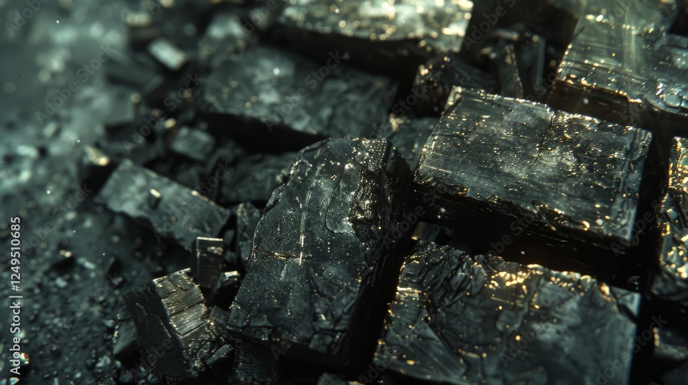 Aufkleber close up view of shiny black mineral crystals scattered on a dark surface, with reflections of light