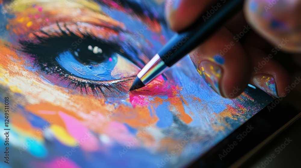 Poster precision drawing stylus tip interaction on tablet screen digital art workspace closeup perspective