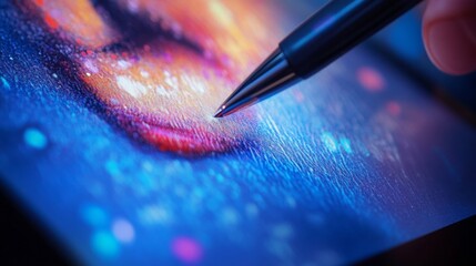 Precision touch enhanced closeup of stylus tip on tablet screen digital workspace macro photography contemporary setting artistic perspective