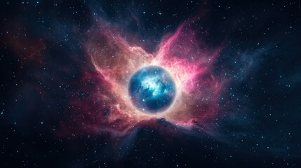 A vibrant cosmic scene featuring a glowing planet surrounded by colorful nebulae and the vastness of space.