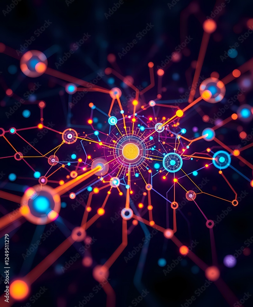 Poster abstract futuristic node design - interconnected purple lines and yellow circle