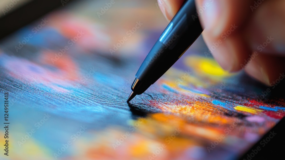 Poster detailed examination of stylus tip on tablet screen digital workspace closeup image tech environment