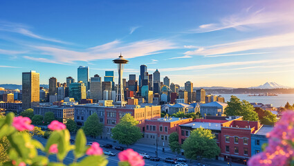 Naklejka premium Panorama of the city of Seattle, Washington State, United States of America, sunny day