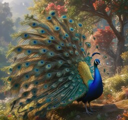 Obraz premium Peacock's stunning plumage blends seamlessly into the surrounding foliage on a hill , landscape, bird, colors
